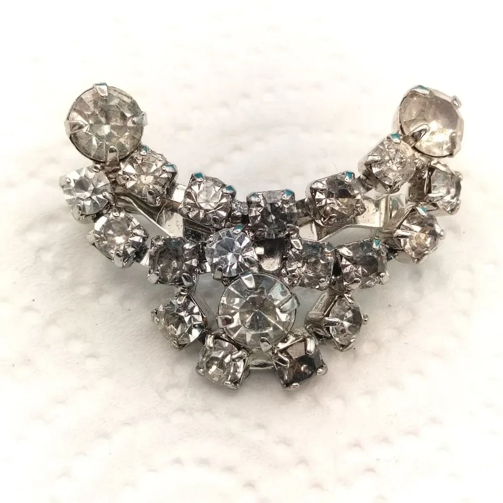 Vintage Clear Rhinestone Crescent Brooch Pin 1.5